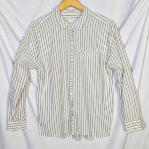 J Jill Cotton Striped Casual Long‎ Sleeve Button Down Shirt, Cream & Tan, Sz M